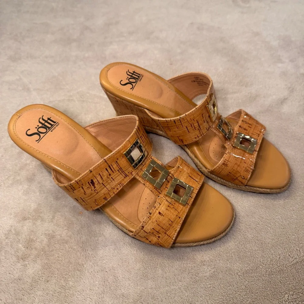 Sofft Cork Wedge Sandals Comfort Slides Heels Gold Buckle Summer Vacation Sz 8.5